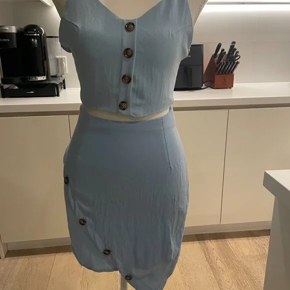 Love & Other Things Blue Two-Piece Set – Button Front Crop Top & Skirt | Size S - Picture 4 of 10
